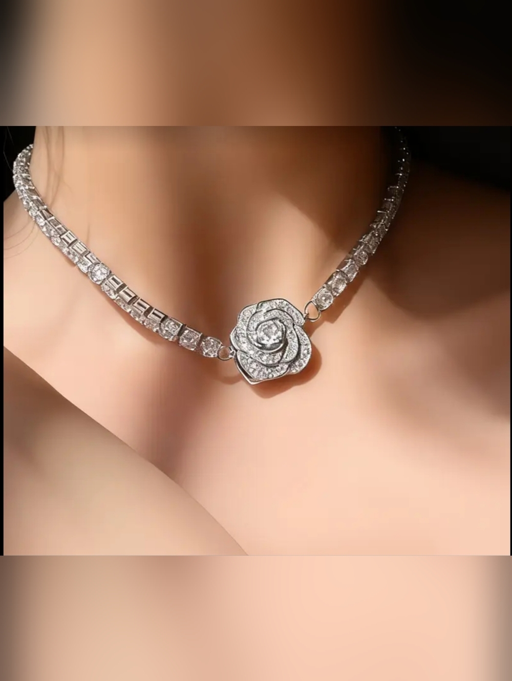 Silver Rose CZ Crystal Choker Necklace - Elegant Women’s Jewelry